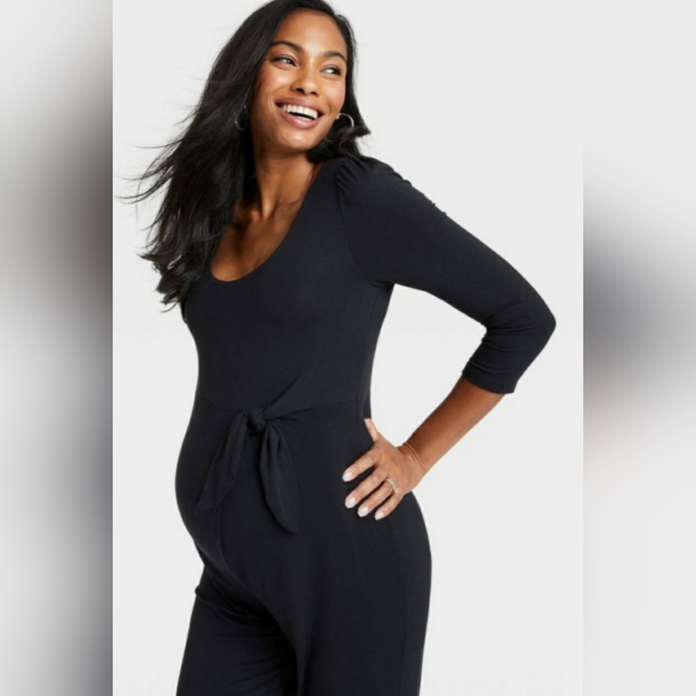 3/4 Sleeve Tie Waist Maternity Jumpsuit XS